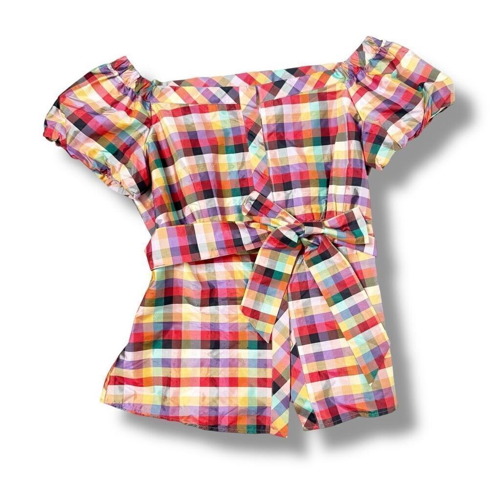 Lafayette New York 148 Square Neck Multicolor Plaid Short Sleeve Belted Blouse 8